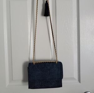 Tory Burch Fleming denim suede Convertible Shoulde